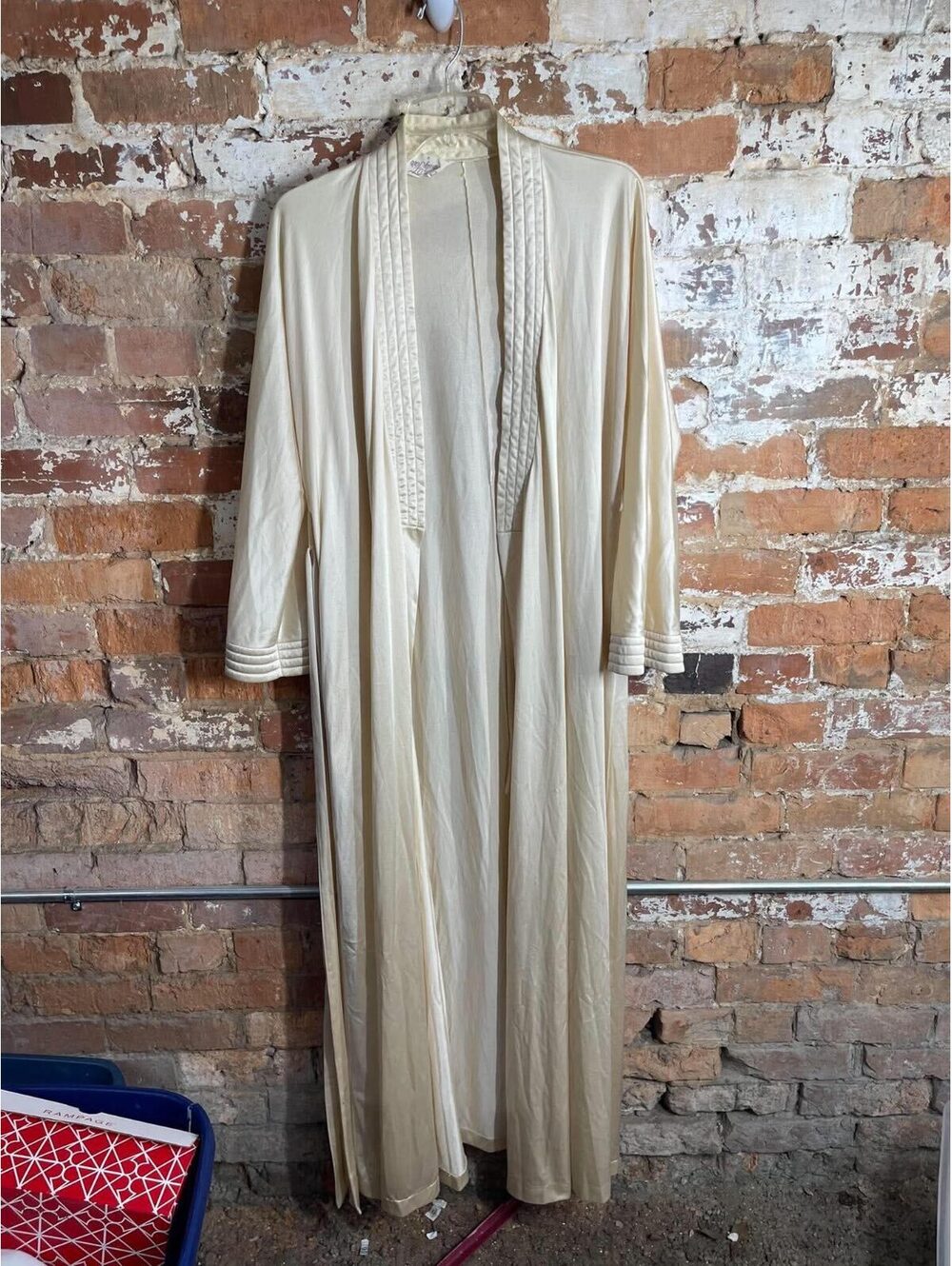 Vintage Vanity Fair Cream Long Robe with Quilted Collar and Cuffs, Medium